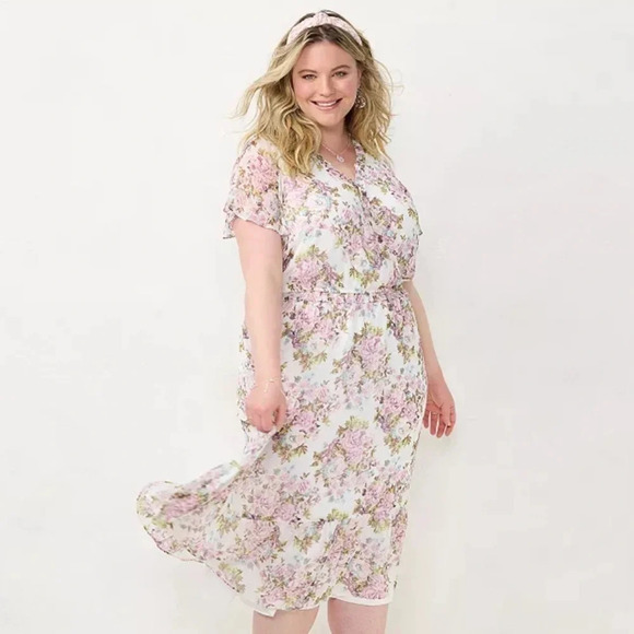 LC LAUREN CONRAD Floral Ruffles Spring Faux Wrap Midi Dress - Picture 1 of 13